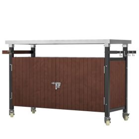 Outdoor Grill Cart with Stainless Steel Tabletop, Patio Kitchen Island with Wheels, Hooks, and Spice Rack, Waterproof Outdoor Grill Table
