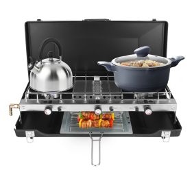 3 Burner Camping Stove 20000 BTU Portable Foldable Propane Stove With Toast Tray Windshield Portable Handle Outdoor Cooking Gas Stove For RV Camp (Color: Black)